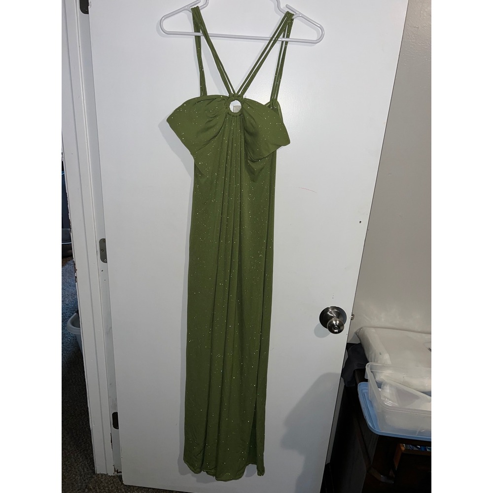 City Triangles Women Olive Green Glitter Strappy Ring Maxi Dress Large